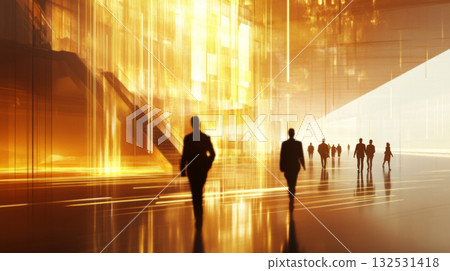Silhouetted Business Figures Walking in Abstract Golden Light 132531418
