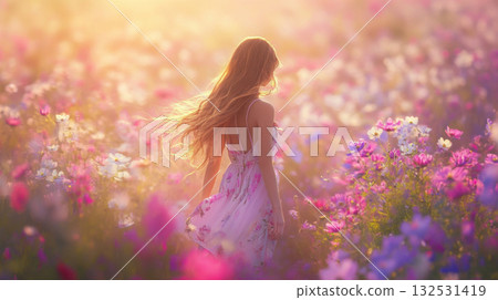 Woman in Floral Dress Walking Through Wildflower Field Woman in Floral Dress Walking Through Wildflower Field 132531419