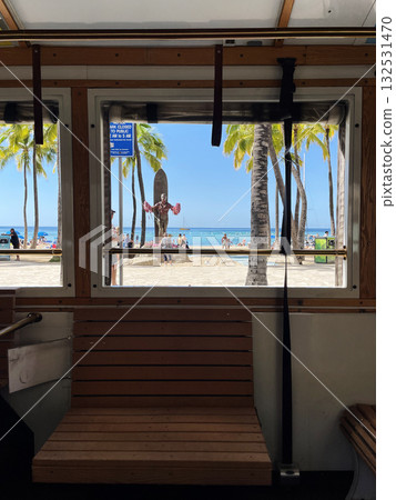 Waikiki Beach and the Duke Statue seen from inside the trolley Waikiki Beach and the Duke Statue seen from inside the trolley 132531470