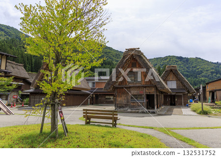 A tranquil rural landscape surrounded by the Gassho-style village of Shirakawa-go and lush mountains 132531752