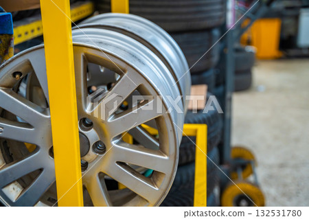 Closeup of clean car rims stacked in a tire workshop. Seasonal wheel replacement and maintenance in auto service before winter in Czech Republic. 132531780