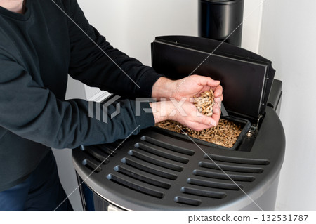 Pellet stove in a living room, energy Pellet stove in a living room, energy 132531787