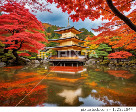 秋天的落葉染上色彩的金閣寺 132531844