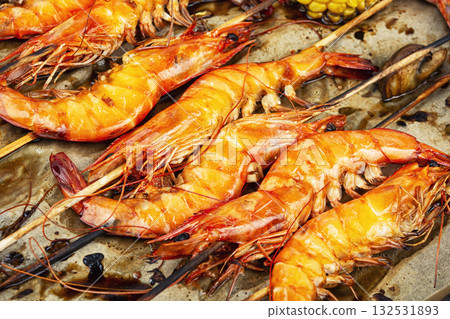 Langoustines on skewers, shrimp kebab Langoustines on skewers, shrimp kebab 132531893