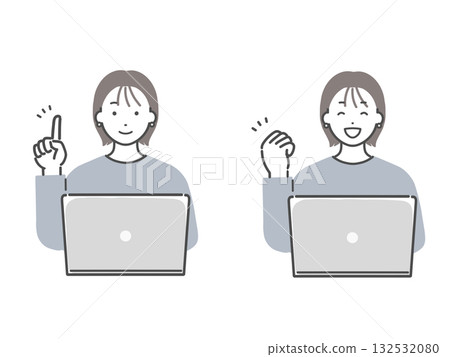 A young woman operating a computer (explanation, fist pump) 132532080