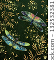 Golden Dragonflies and Leaves on Dark Emerald Background. Luxury Illustration 132532381