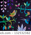 Tropical Birds and Exotic Flowers Mixed Media Collage on Dark Background 132532382