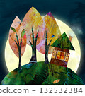 Cozy Fairy Tale Cottage on a Hill Under the Full Moon. Digital Collage Illustration 132532384