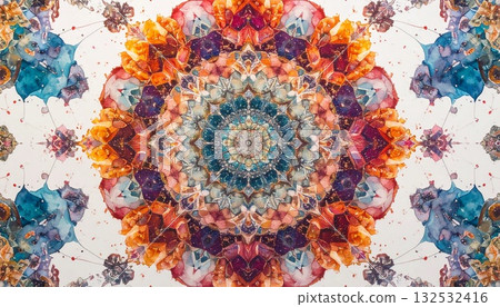 [AI-generated image] Illustration: Kaleidoscope-style symmetrical geometric pattern material 132532416