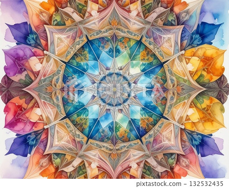 [AI-generated image] Illustration: Kaleidoscope-style symmetrical geometric pattern material 132532435