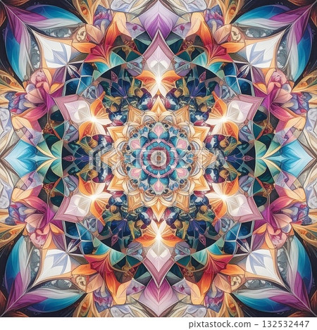 [AI-generated image] Illustration: Kaleidoscope-style symmetrical geometric pattern material 132532447