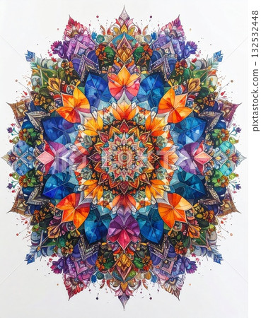 [AI-generated image] Illustration: Kaleidoscope-style symmetrical geometric pattern material 132532448