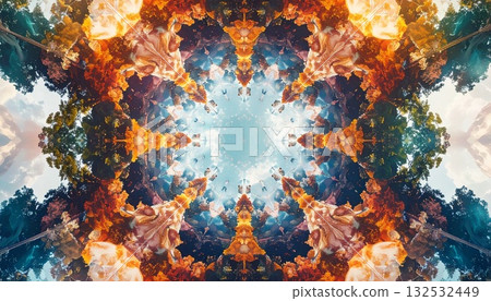 [AI-generated image] Illustration: Kaleidoscope-style symmetrical geometric pattern material 132532449