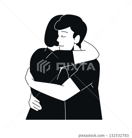 Emotional Hug - Black and White Flat Design Illustration 132532783