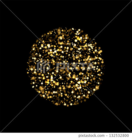 Glowing golden glitter sphere. Abstract circular shape made of scattered sparkling particles on black background. Vector illustration with festive bokeh light effect and luxury celebration design 132532800