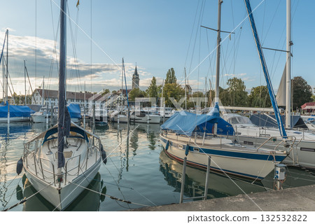 Harbor with Catholic Church St. Johannes, Romanshorn, Lake Constance, Canton of Thurgau, Switzerland Harbor with Catholic Church St. Johannes, Romanshorn, Lake Constance, Canton of Thurgau, Switzerland 132532822