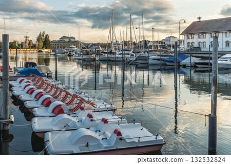 Harbor with pedal boats in Romanshorn, Lake Constance, Canton of Thurgau, Switzerland 132532824
