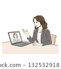 一位女士正在主持線上會議。圖片展現了遠距辦公、居家辦公和視訊通話的場景。 132532918