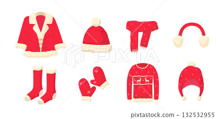 Winter Christmas clothes vector illustration set. Red-white knitted sweater, Santa coat, scarf, hats, socks, mittens. Xmas themed garments. Warm footwear and headwear for cold weather protection 132532955