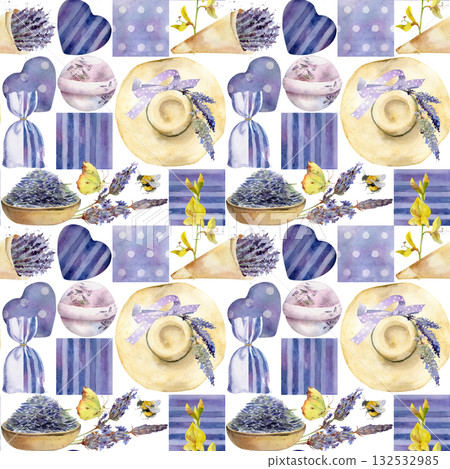 Lavender lavandula seeds, flower stalks, bouquet in craft paper wrap, sachet bag, rustic hearts and fabric pieces with dots and stripes. Hand drawn in watercolor, Provence patchwork seamless pattern. Lavender lavandula seeds, flower stalks, bouquet in craft paper wrap, sachet bag, rustic hearts and fabric pieces with dots and stripes. Hand drawn in watercolor, Provence patchwork seamless pattern. 132532985