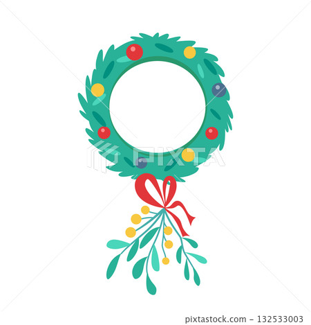 Festive Christmas wreath. Xmas house door decor. Traditional New Year outdoors winter home decoration element. Flat vector illustration isolated on transparent background Festive Christmas wreath. Xmas house door decor. Traditional New Year outdoors winter home decoration element. Flat vector illustration isolated on transparent background 132533003