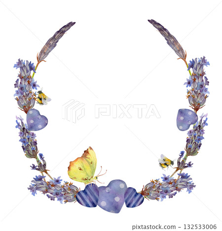 Butterfly on lavender lavandula blossom, decorative heart shapes. Isolated wreath frame illustration hand drawn in watercolor. Organic product label, Provence stationery element, wildflower branding. Butterfly on lavender lavandula blossom, decorative heart shapes. Isolated wreath frame illustration hand drawn in watercolor. Organic product label, Provence stationery element, wildflower branding. 132533006