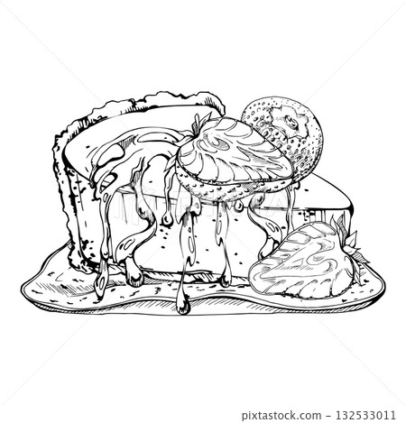 Cheesecake garnished with sliced strawberries and rich melted chocolate drizzle on ceramic plate, hand drawn in vector ink. Recipe e-book illustrations, patisserie or cafe branding, artisanal dessert Cheesecake garnished with sliced strawberries and rich melted chocolate drizzle on ceramic plate, hand drawn in vector ink. Recipe e-book illustrations, patisserie or cafe branding, artisanal dessert 132533011