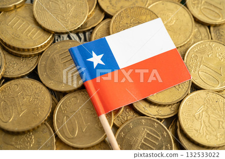 Chile flag on coin and banknote money, finance trading investment business currency. Chile flag on coin and banknote money, finance trading investment business currency. 132533022
