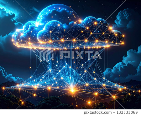 A futuristic cloud computing network illuminated by the world with an illustration of stars in the night sky. A futuristic cloud computing network illuminated by the world with an illustration of stars in the night sky. 132533069