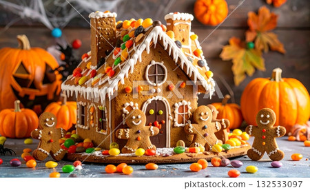 A whimsical Halloween gingerbread house decorated with a sweet, snowy icing roof and pumpkin on a winter holiday background 132533097