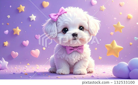A cute little white puppy wearing a pink bow 132533100