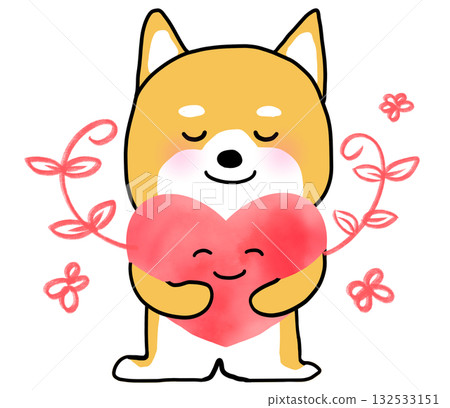柴犬擁抱著一顆含苞待放的粉紅色心形 132533151