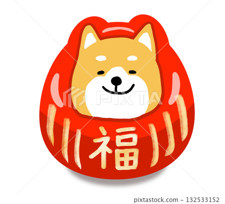 芝犬達摩不倒翁，上面寫著代表「吉祥」的紅色字樣 132533152