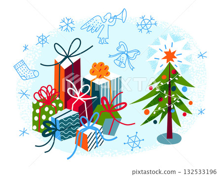 Merry Christmas and Happy New Year festive greeting background. Holiday vector illustration Merry Christmas and Happy New Year festive greeting background. Holiday vector illustration 132533196