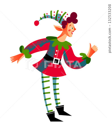 Christmas elf with curly hair in red and green costume. Festive character wearing striped leggings, jester hat with pompom, and cheerful expression. Holiday helper pose. Flat vector illustration 132533208