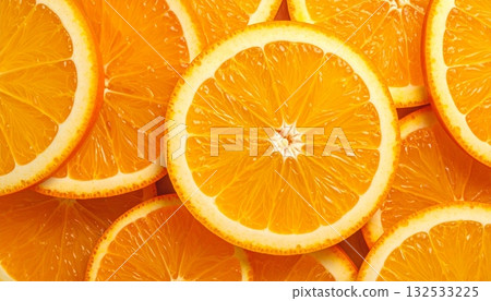 Isolated half and slices of fresh orange fruit with juicy pulp on a white background 132533225