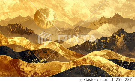 The golden sunlight shines on the golden mountain peaks, creating a breathtaking view of the golden mountains, sunrise and sunset. The golden sunlight shines on the golden mountain peaks, creating a breathtaking view of the golden mountains, sunrise and sunset. 132533227