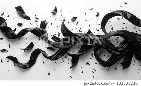 Art illustration of black ink splashes and paint with floral elements on white background. Art illustration of black ink splashes and paint with floral elements on white background. 132533230