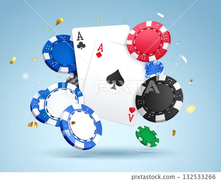 A close-up of poker chips and playing cards, a potent icon of casino gambling 132533266