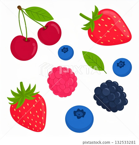 A colorful collection of fresh, ripe berries and cherries including strawberries, raspberries, and blueberries isolated on a white background 132533281