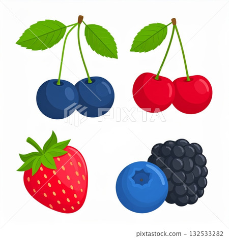A colorful collection of fresh, ripe berries and cherries including strawberries, raspberries, and blueberries isolated on a white background 132533282