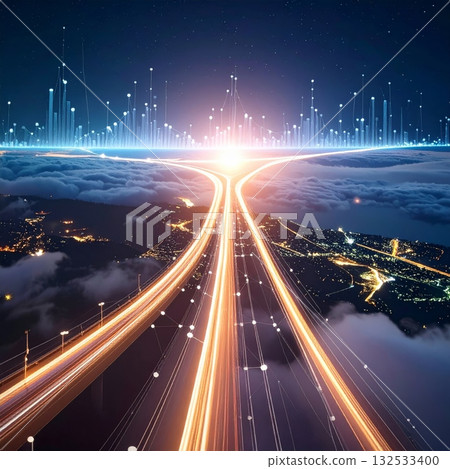 Abstract city skyline with blue cityscape and futuristic architecture at night. Abstract city skyline with blue cityscape and futuristic architecture at night. 132533400