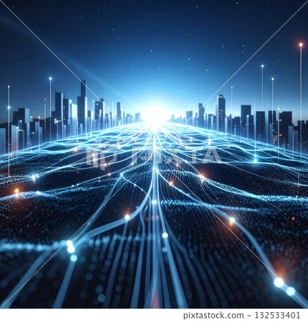 Abstract city skyline with blue cityscape and futuristic architecture at night. Abstract city skyline with blue cityscape and futuristic architecture at night. 132533401
