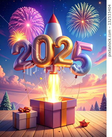 2025 New Year greeting card with festive decorations, fireworks and snow. 132533404