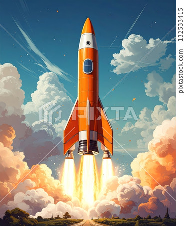 Vector cartoon of a colorful rocket flying through a bright blue sky with clouds and a rainbow 132533415