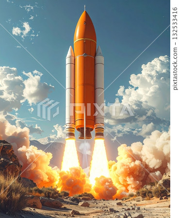 Vector cartoon of a colorful rocket flying through a bright blue sky with clouds and a rainbow 132533416