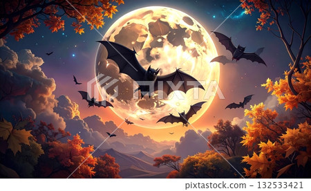 A spooky Halloween night illustration with a full moon, a witch's shadow on a broomstick, and bats flying in the sky. 132533421