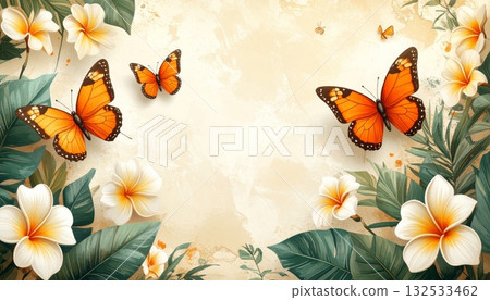 Colorful butterflies and flowers decorate a beautiful spring garden 132533462