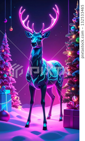 Image of silhouette of Christmas reindeer in the forest with antlers holding gift boxes and Christmas tree in snowy forest. 132533465