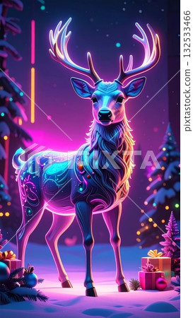 Image of silhouette of Christmas reindeer in the forest with antlers holding gift boxes and Christmas tree in snowy forest. Image of silhouette of Christmas reindeer in the forest with antlers holding gift boxes and Christmas tree in snowy forest. 132533466